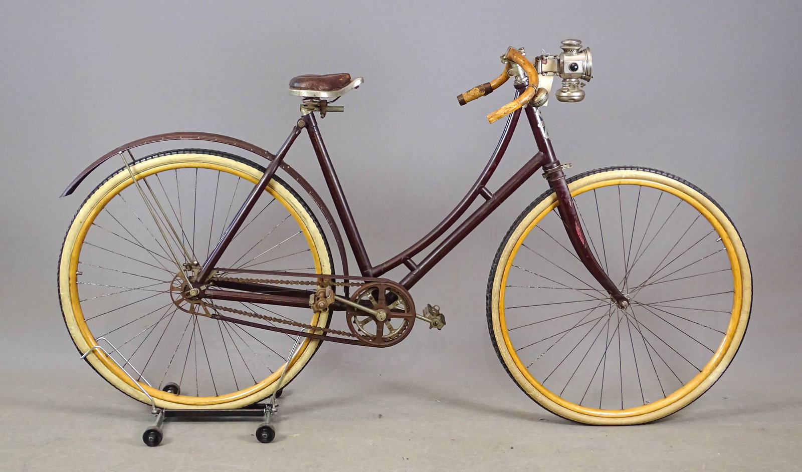 Cleveland Pneumatic Safety Bicycle: Cleveland Pneumatic Safety bicycle. Has front lamp. Christy saddle. 21" frame. Good condition. Mark Mattei Collection.