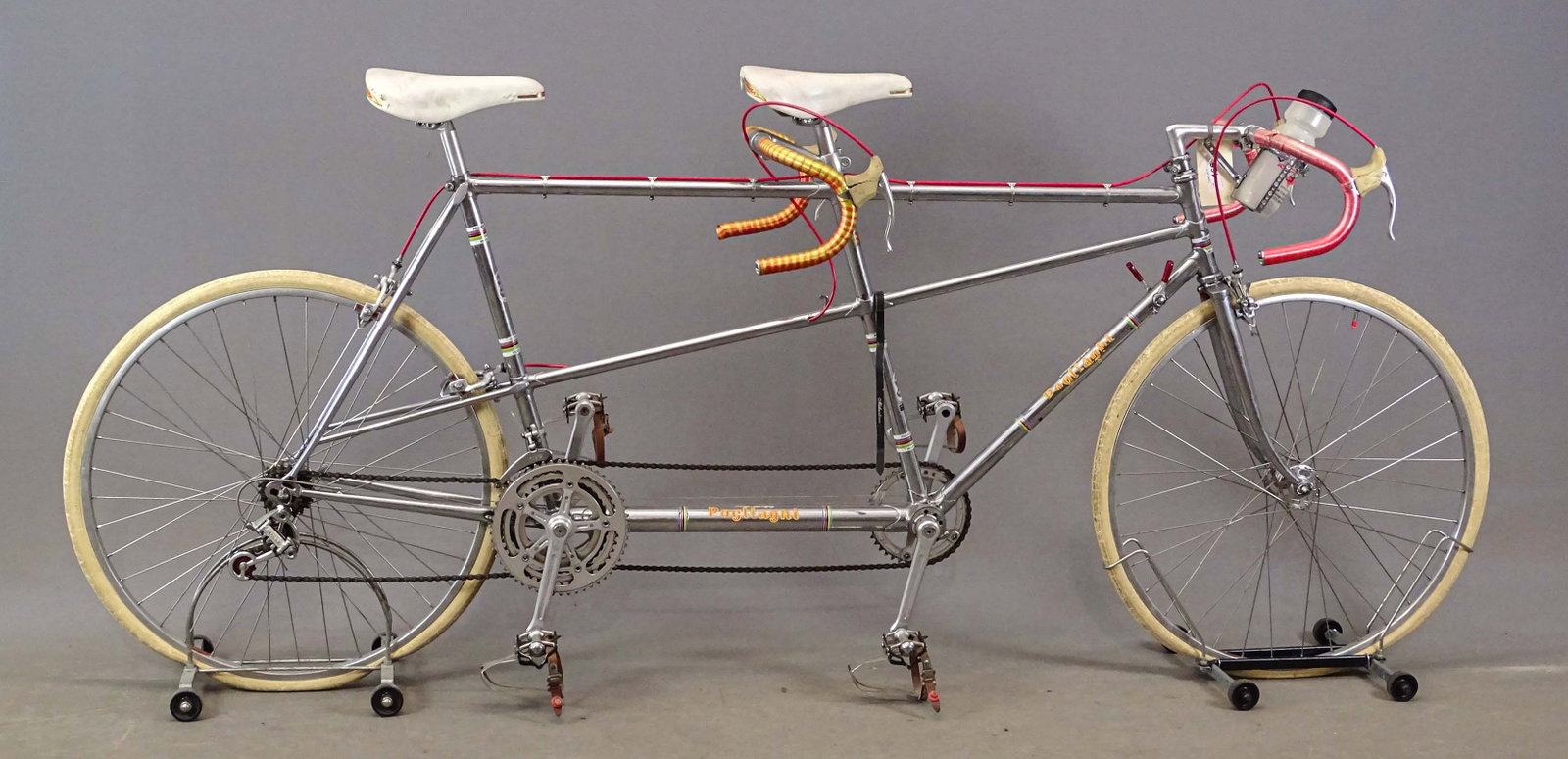 Pogliaghi Tandem: Pogliaghi chrome tandem. Campagnolo components. Good condition. Pogliaghi was an Italian racing bicycle manufacturer, based in Milan, Italy.The company was founded by Sante Pogliaghi in 1947.