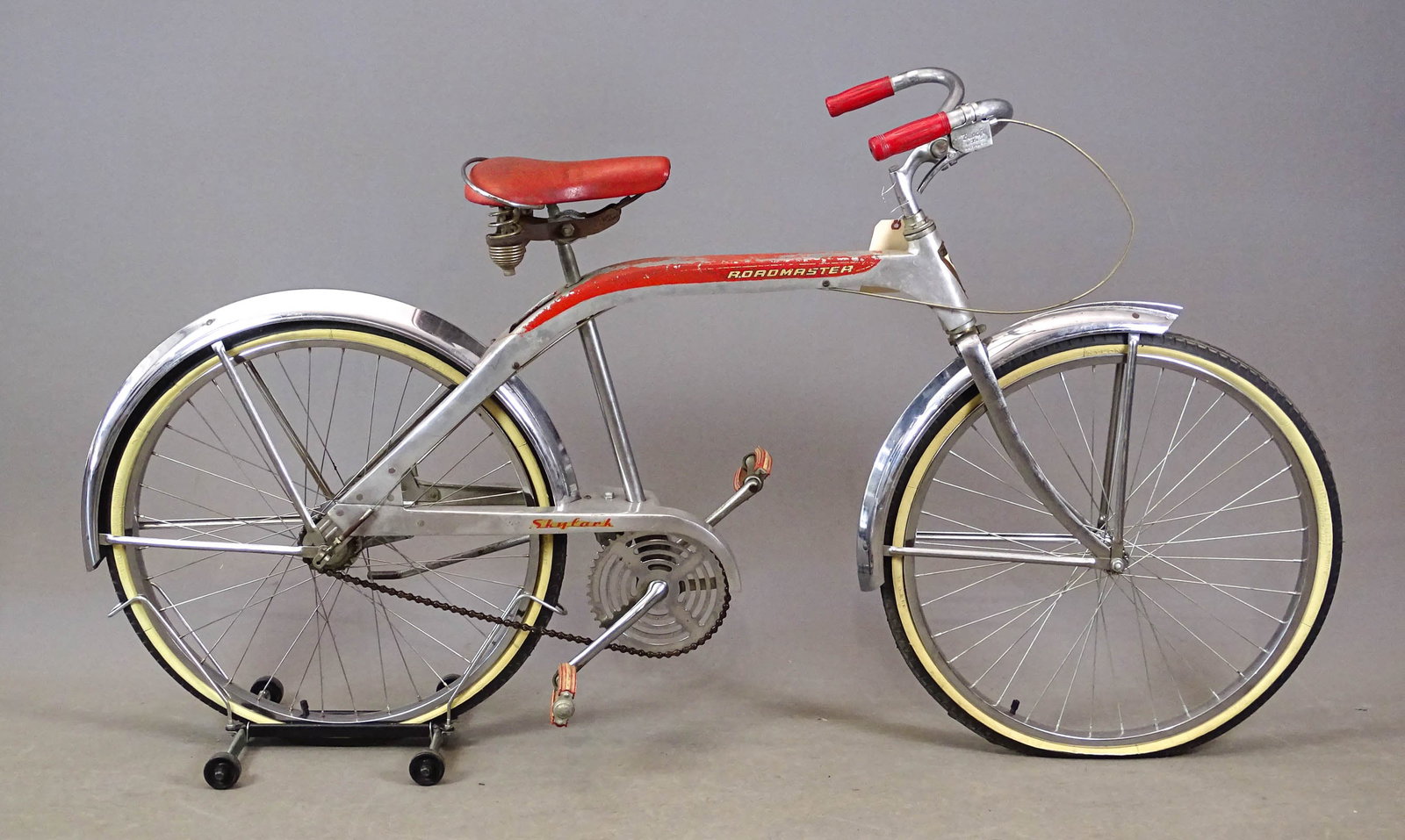 Rare Roadmaster Skylark Prototype Bicycle: Rare Roadmaster cast aluminum Skylark bicycle prototype. Reported to be 1 of 3 know. This model never before offered at Copake Auction. Mark Mattei Collection.