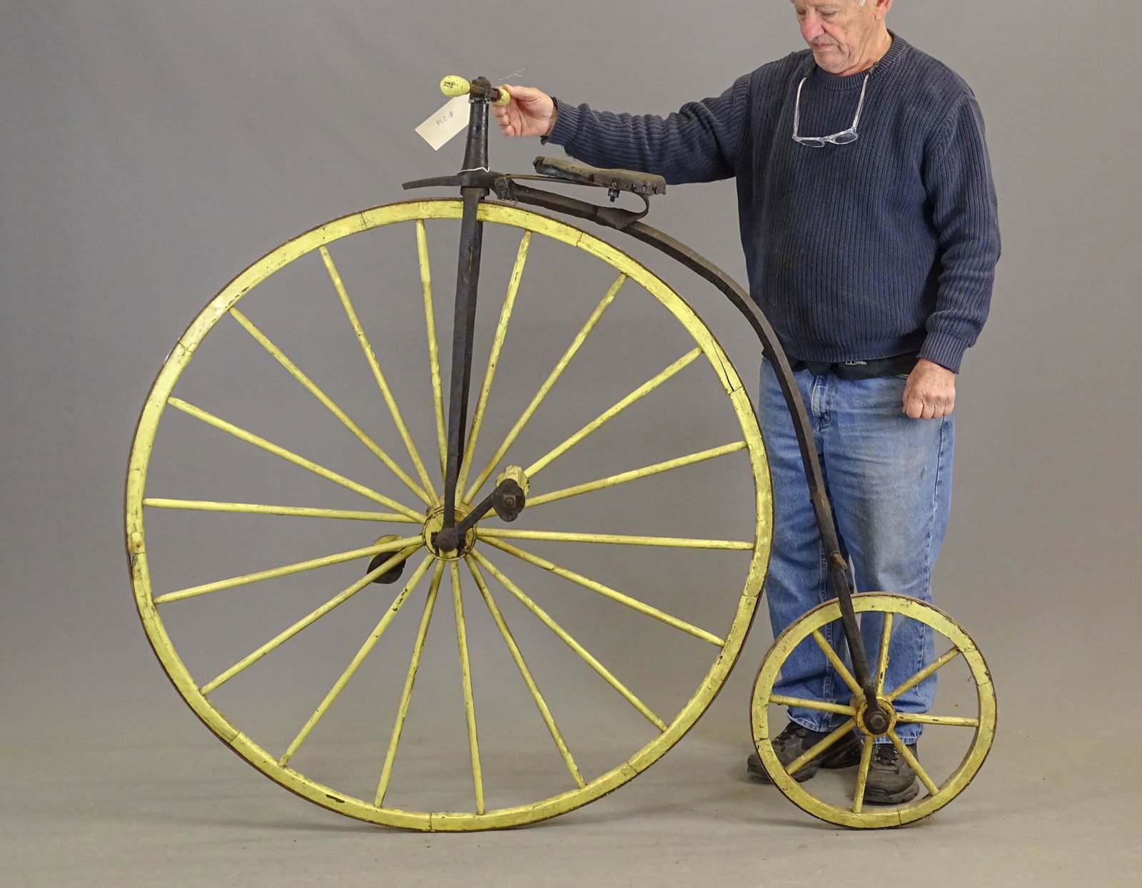 Velocipede: 19th Century blacksmith made transitional velocipede. 48" front wheel. Barn find condition.