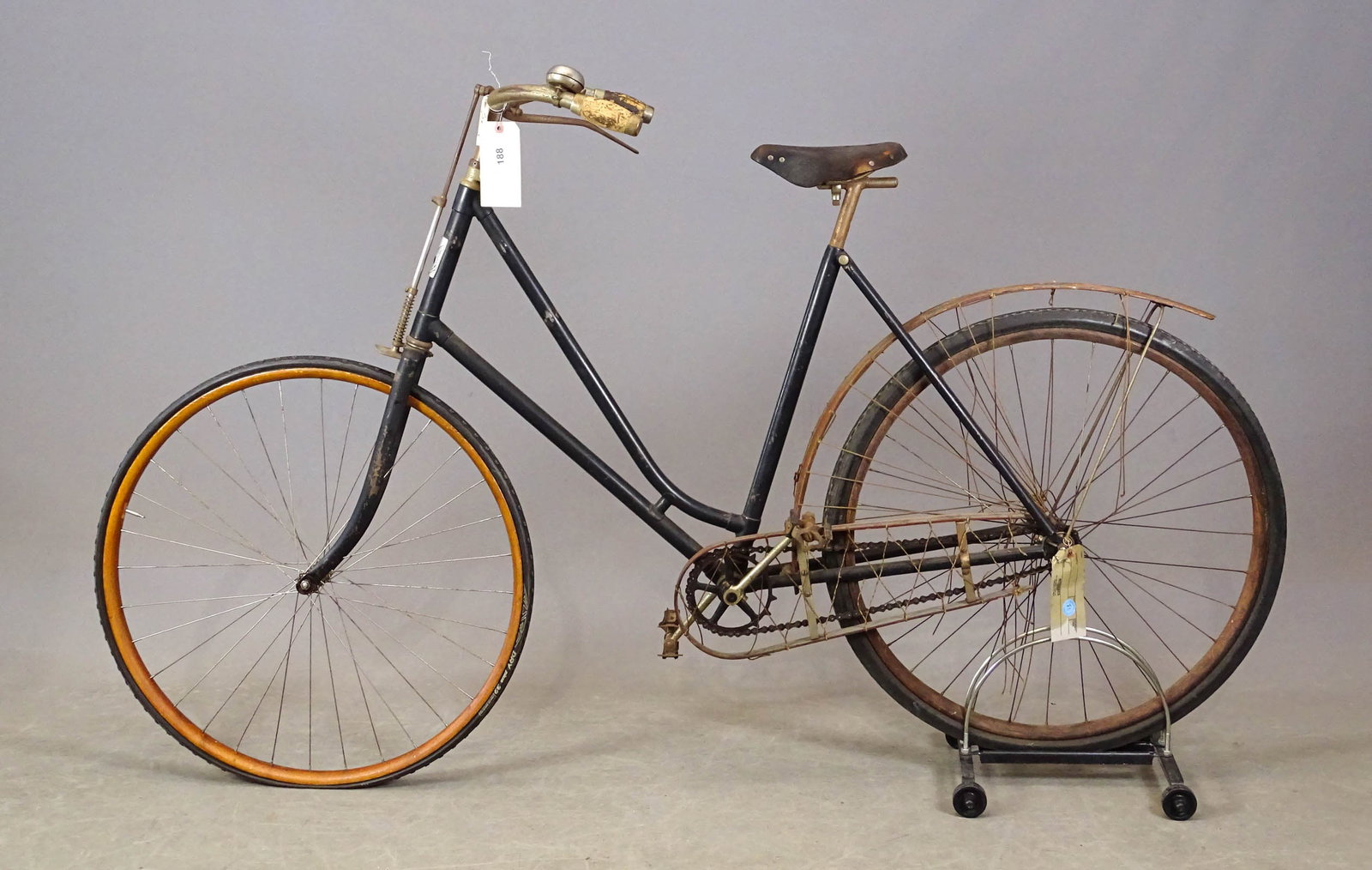 Crawford Safety Bicycle: Crawford: 1900s pneumatic safety bicycle with 21" frame. Wood rims on wheels, a wood rear fender, wood chain guard. Bell on handlebar. This bicycle is complete and all original. Gary Sanderson Collect