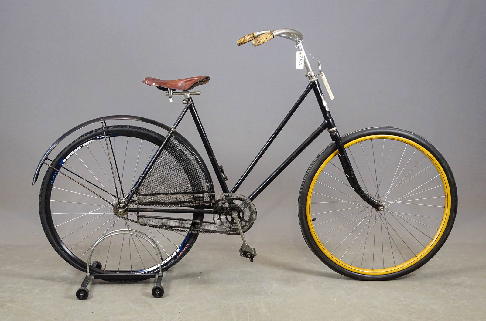 Waverley Safety Bicycle: Waverley pneumatic safety bicycle. Made in 1890s in Indianapolis, INDIANA. This bicycle has skirt guards on chain made of formed fine metal wire screen. Restored by David Metz in 1990s. Gary