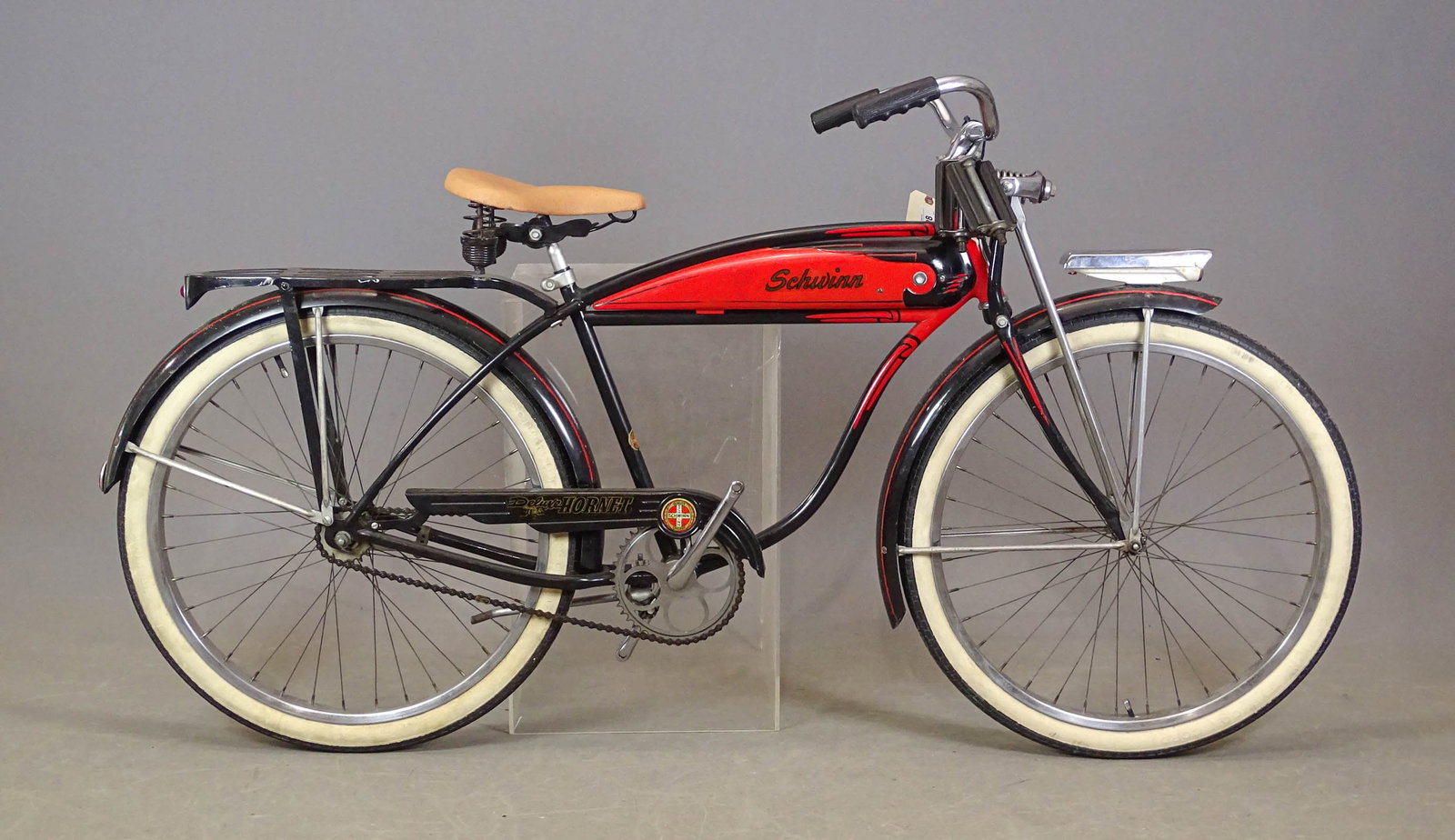 1954 Schwinn Deluxe Hornet Bicycle: 1954 Schwinn Hornet balloon tire bicycle. SN#N76570. Springer fork, tank, headlite, 9-Hole rack, S2 rims, Whitewall Typhoon tires. Good condition.