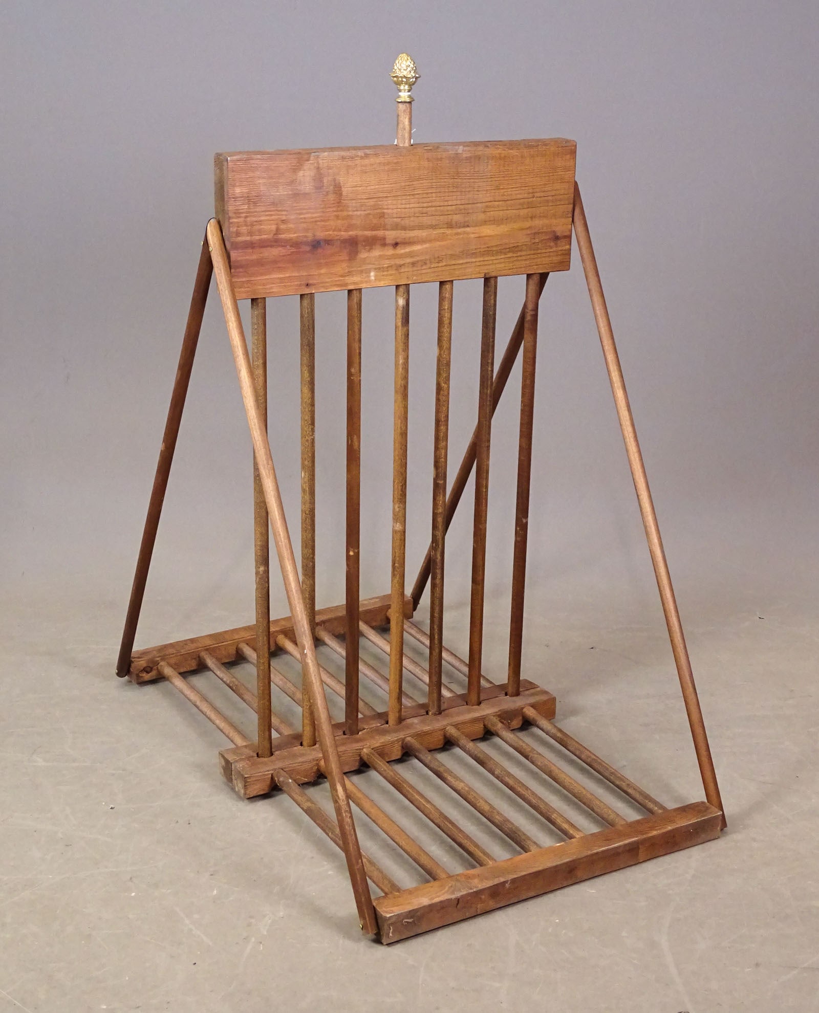 Folding Bicycle Stand: Contemporary folding wooden Safety bicycle stand. Copy in the style of "Fin-D-Cycle Rack Co." (Great Barrington Mass.). 22" x 40". Good condition.