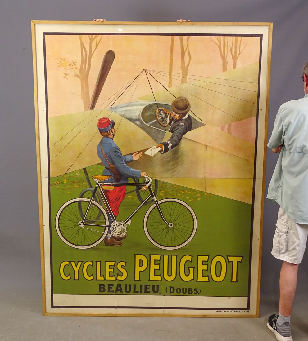 Bicycle Poster: Large 19th c. French poster "CYCLES PEUGEOT / BEAULIEU, (DOUBS)". Features airplane and bicycle. Overall in frame 79 1/2" x 60".