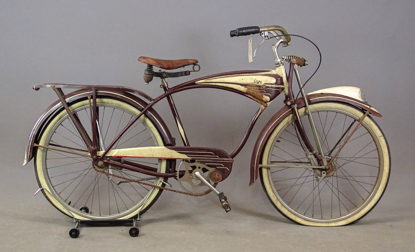 Schwinn Pre-War Bicycle: Schwinn Pre-War tank bicycle. Rear rack, front light, springer front end. Fair condition.
