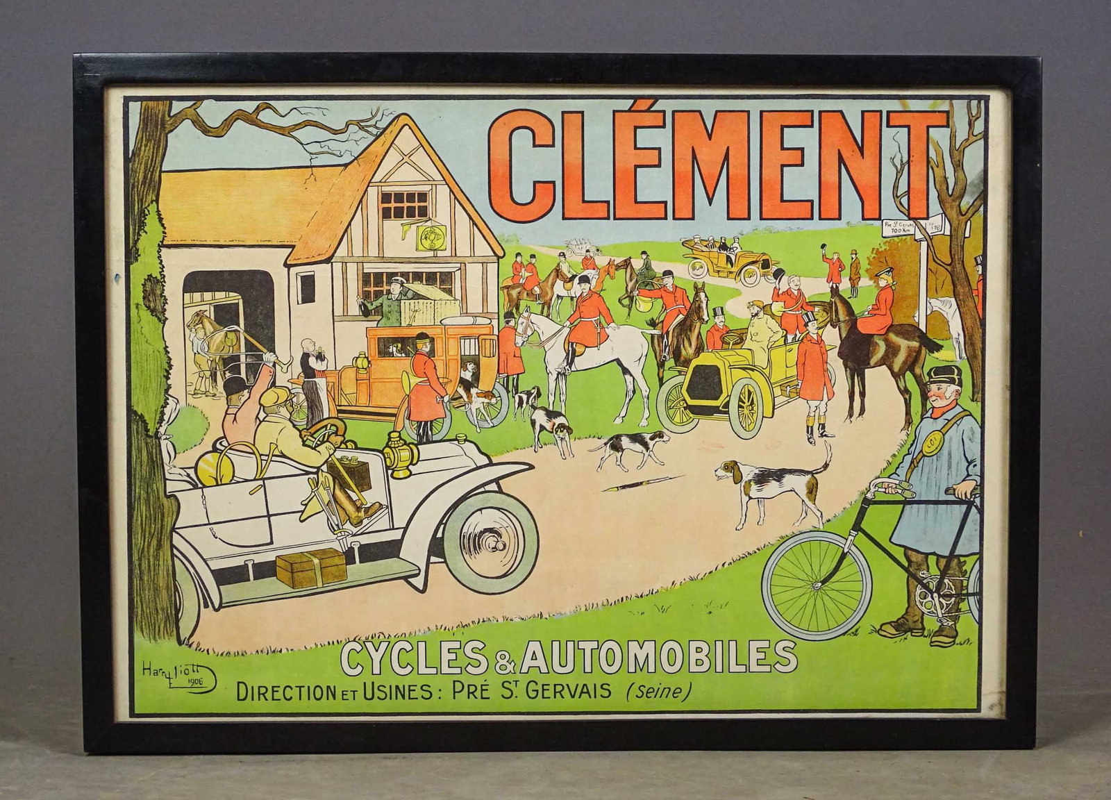 Bicycle Poster: 19th c. poster "CLEMENT CYCLES & AUTOMOBILES". Overall in frame 17" x 23".