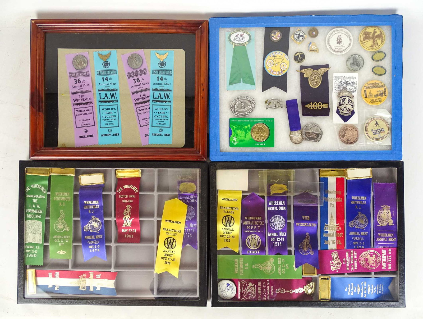 Wheelmen Ribbons Lot: Showcases with Wheelmen ribbons, pinbacks etc.. 1970's-2000's. Cases included. Gary Sanderson Collection.