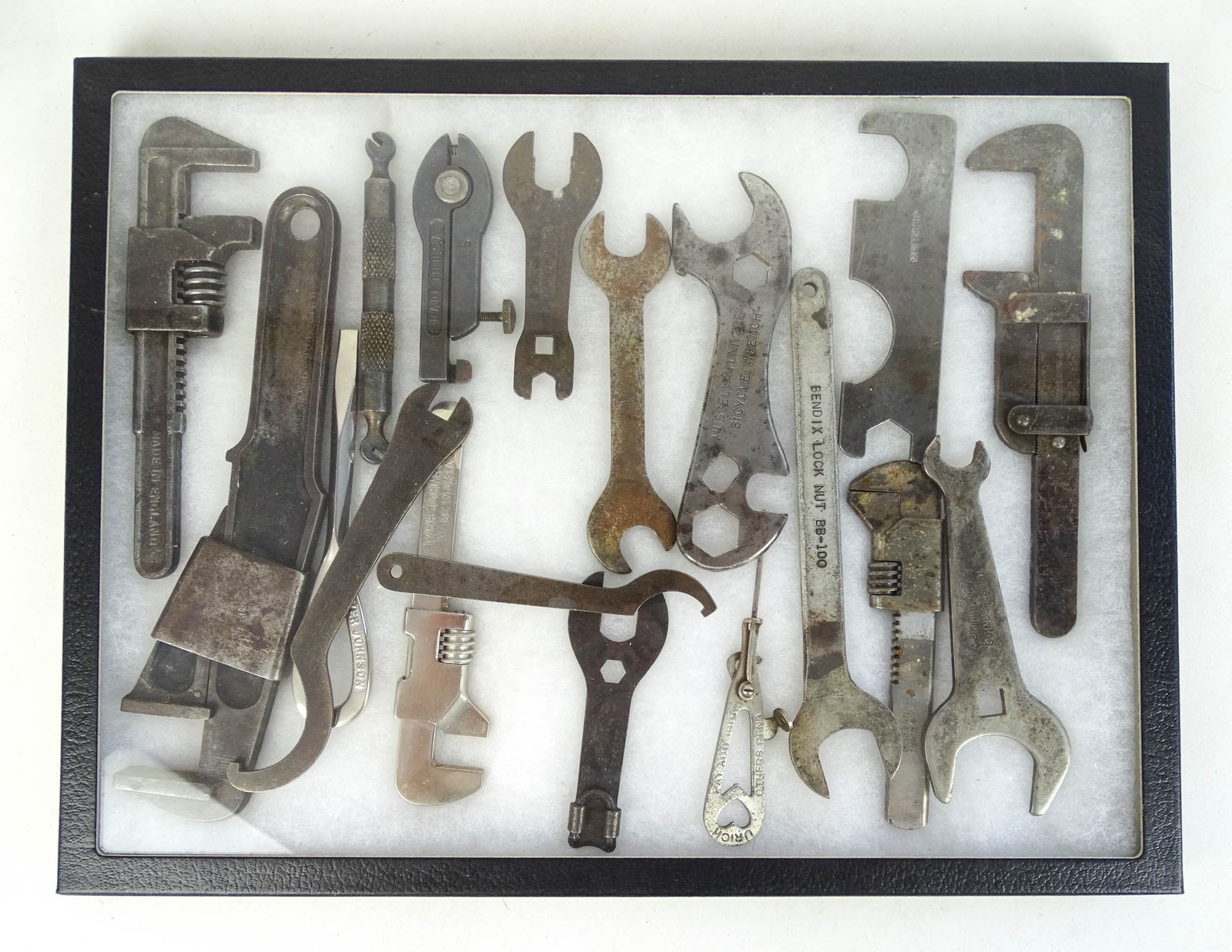 Lot of Bicycle Wrenches: Showcase lot of bicycle wrenches. Includes: Bendix, Musselman, Made In England etc.. Case included. Gary Sanderson Collection.