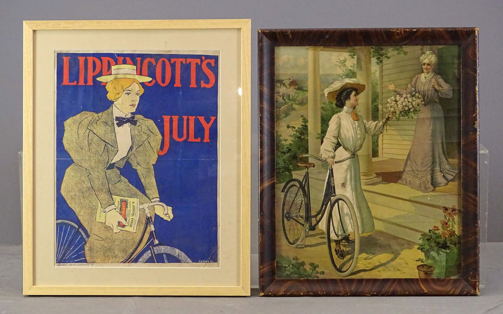 Artwork Lot: Lot of bicycle artwork including: Early poster "LIPPINCOTT'S JULY" (overall 23 1/2" x 19 1/2"), early Pope print (overall 22 1/2" x 18 1/2"). Both fair condition with imperfections. Gary Sanderson