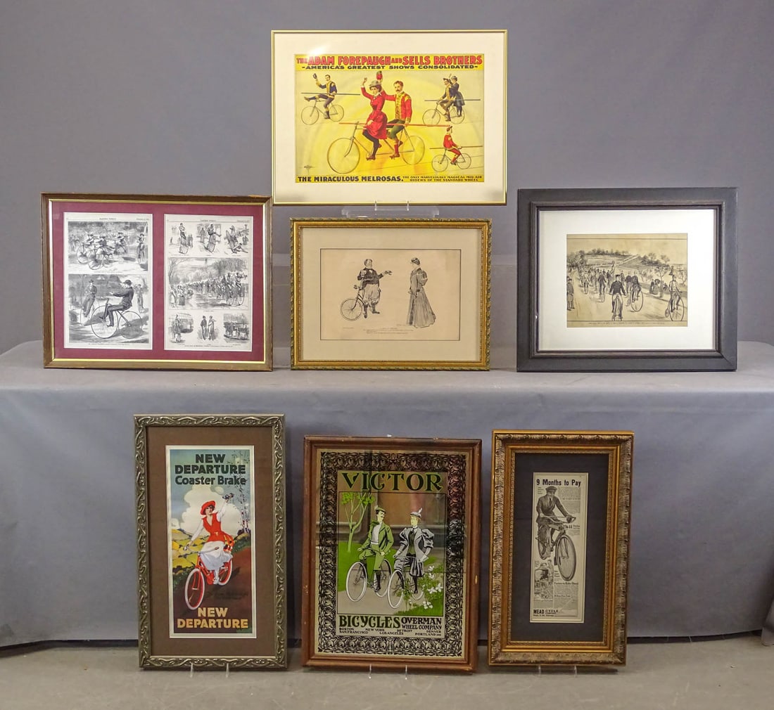 Artwork Lot: Lot of bicycle artwork including: "Third Annual Meet of The League of American Wheelmen-The Parade on Riverside Drive" (overall 20 1/2" x 24 1/2"), double framed Harper's Weekly (overall 19 1/2" x