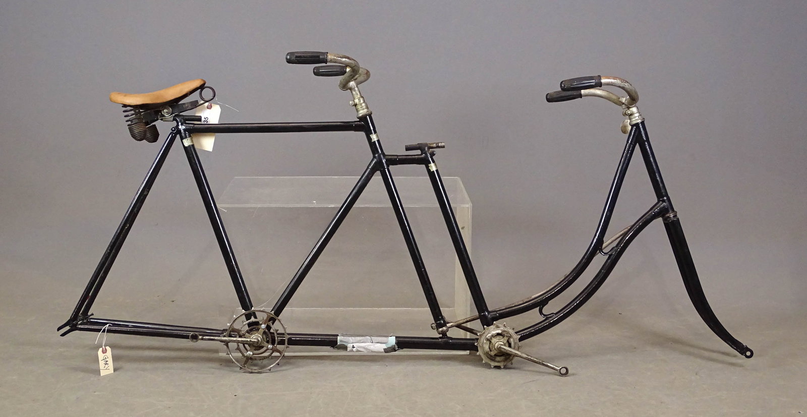 Pneumatic Safety Tandem Frame: Pneumatic Safety tandem bicycle project frame (includes seat, cranks, & handlebars). Good condition. Gary Sanderson Collection.