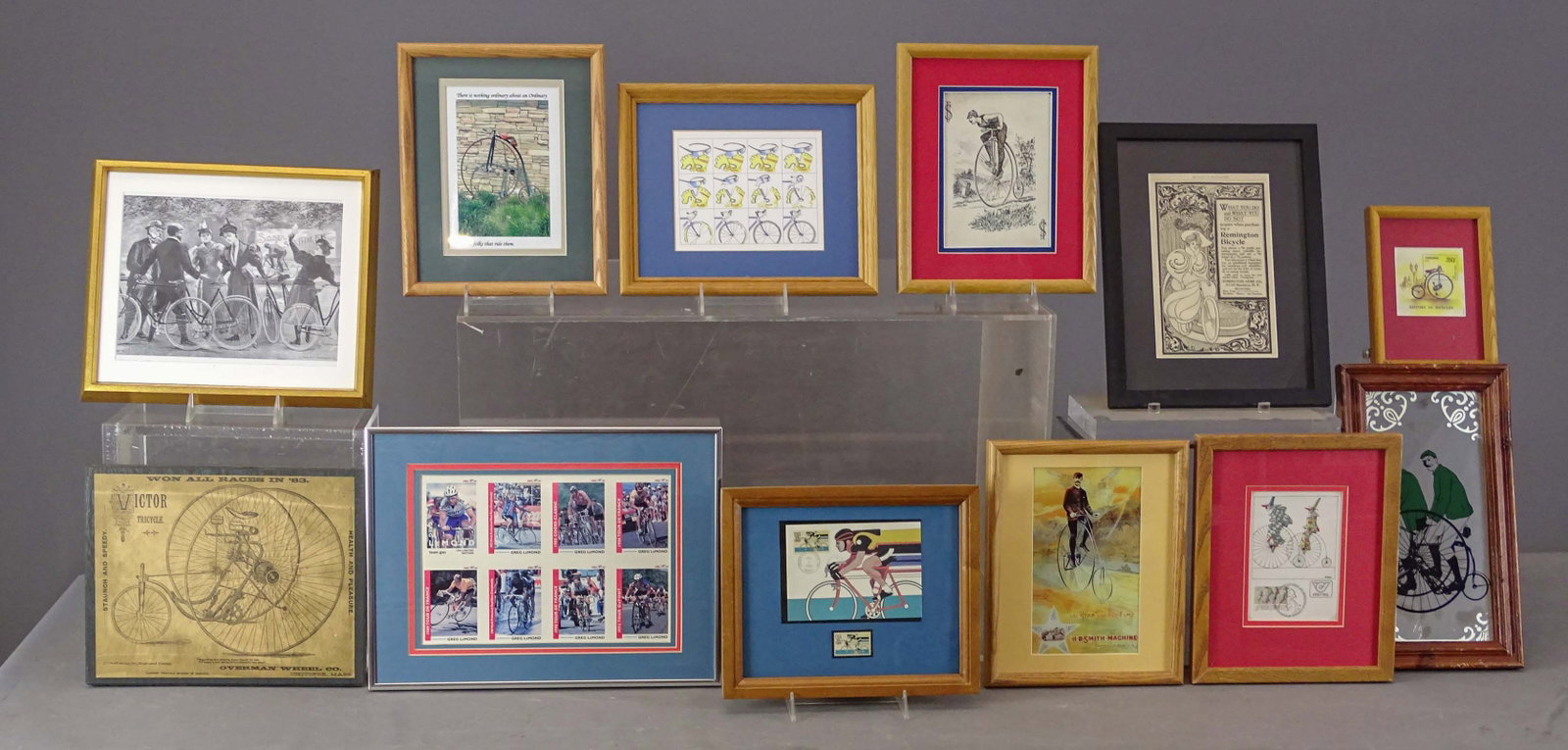 Bicycle Artwork Lot: Lot (12) pieces of bicycle related artwork: Includes stamps, uncut proof racing card, decorative etc.. Gary Sanderson Collection.