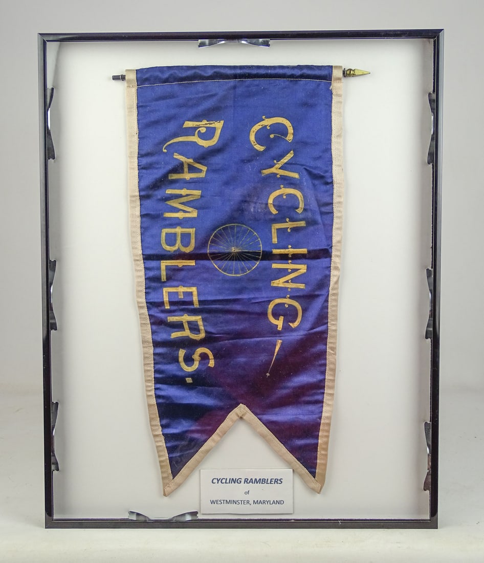 Cycling Ramblers Silk Flag: Early framed silk flag marked "CYLING RAMBLERS" (Westminster, Maryland). Frame overall 20 1/2" x 16 1/2". Good condition. Gary Sanderson Collection.