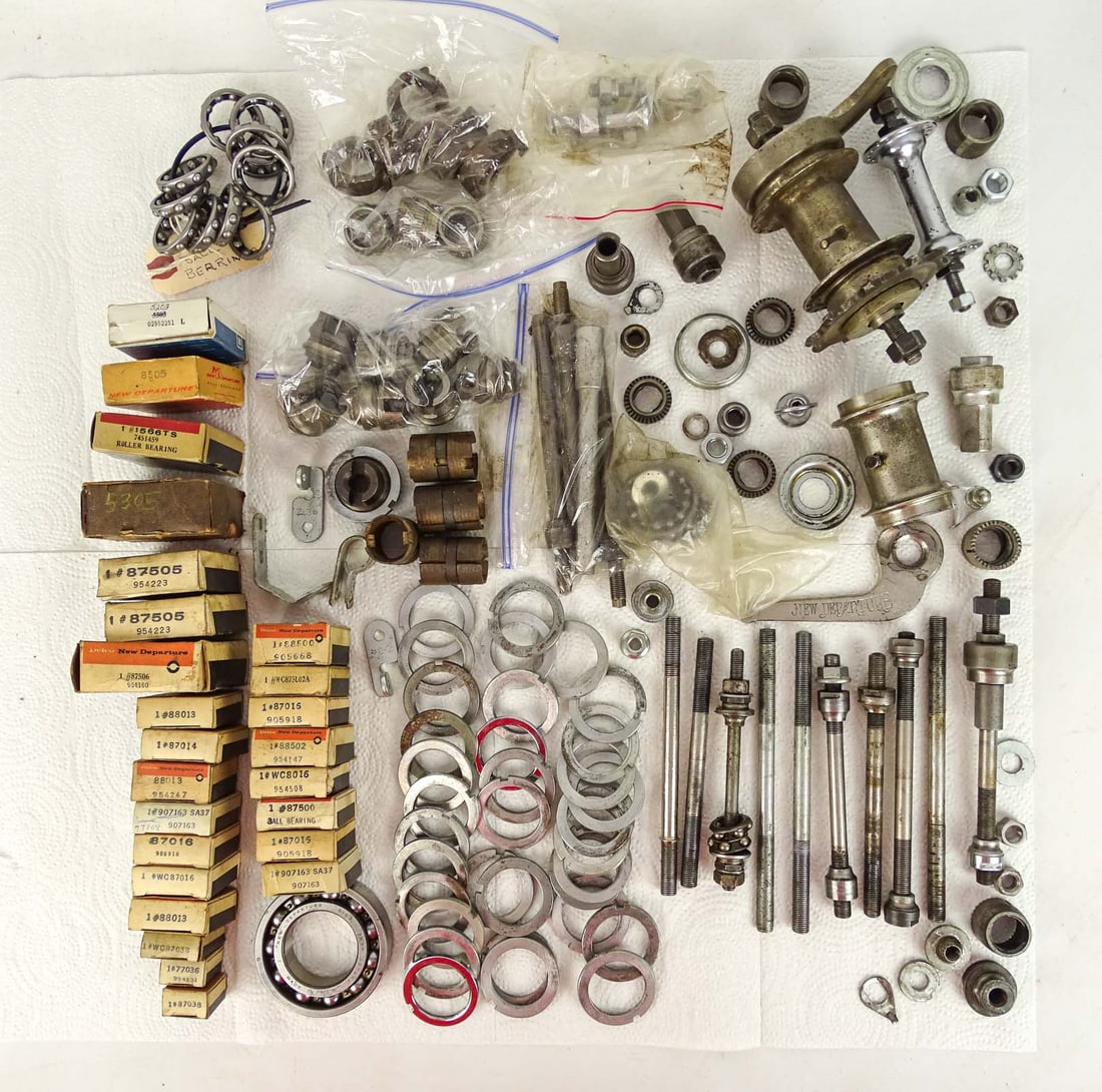 Lot of Assorted Hubs: Lot of assorted bicycle hubs and parts. Gary Sanderson Collection.