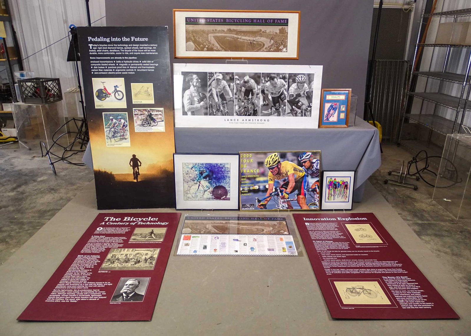 Misc. Lot: Lot including: Large Poster boards (largest 60" x 28"), Olympic artwork, United States Bicycling Hall of Fame autographed print (15" x 41"), 2000 Tour De France print, 2001 Lance Armstrong poster