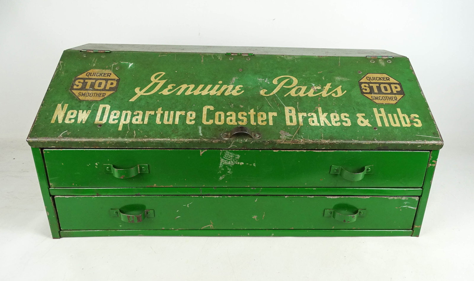 New Departure Cabinet: Early New Departure parts cabinet. 25 1/2" x 11 1/2" x 11 1/2" Ht.. Good condition. Gary Sanderson Collection.