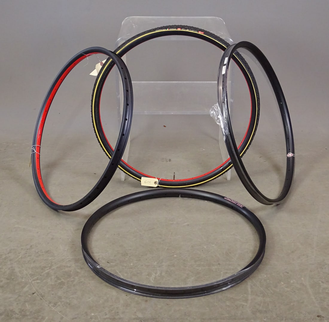 Bicycle Rims: Lot including: Pair of Velocity rims (25"), and pair of 25" rims, one with tire. Gary Sanderson Collection.