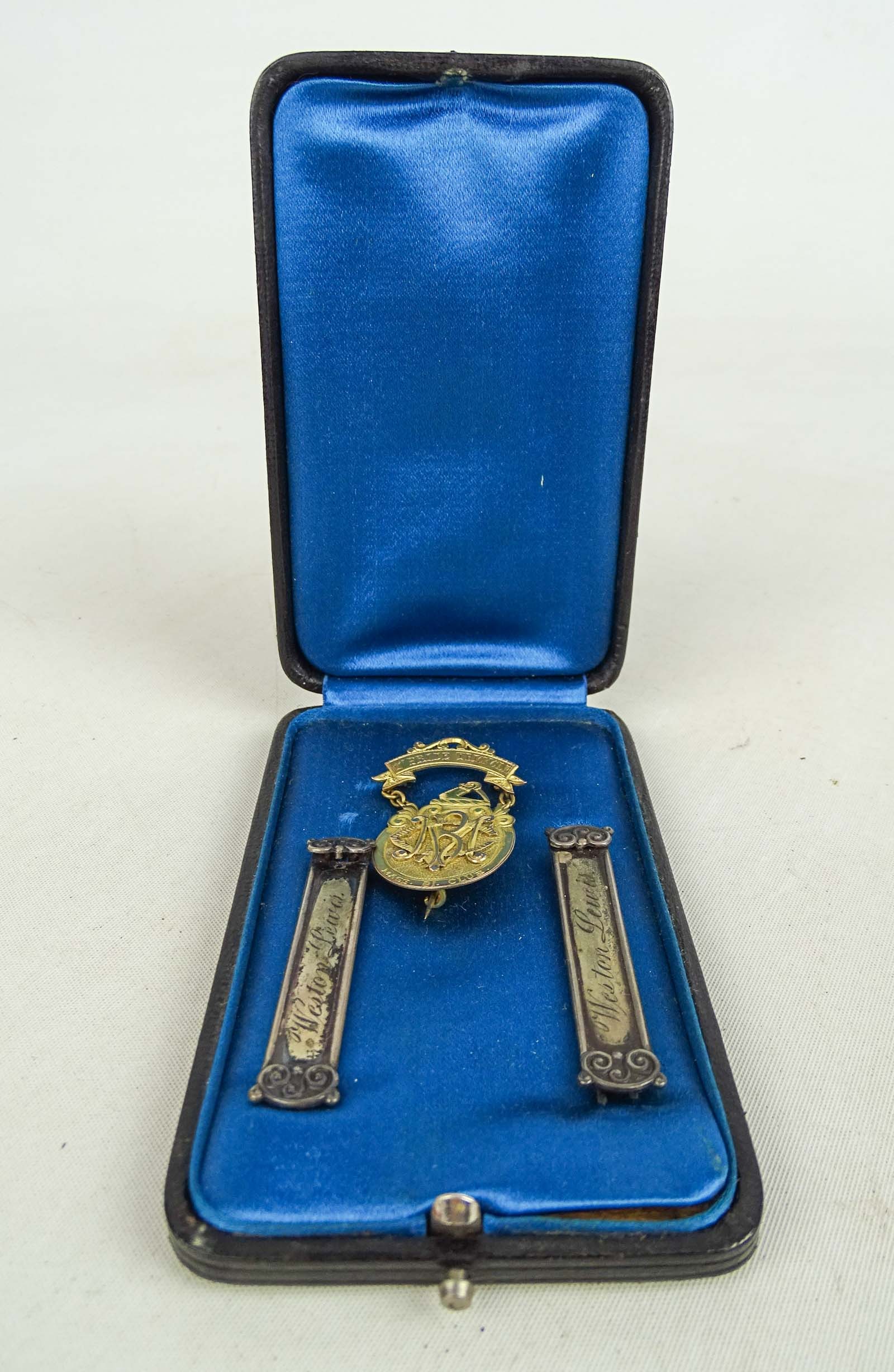 Massachusetts Club Medal: Rare high wheel tricycle medal - Massachusetts Bicycle Club - 1st prize won in 1886 by Weston Lewis - Boston. Medal is gold. Good condition. Glenn Eames Collection Burlington Vermont.
