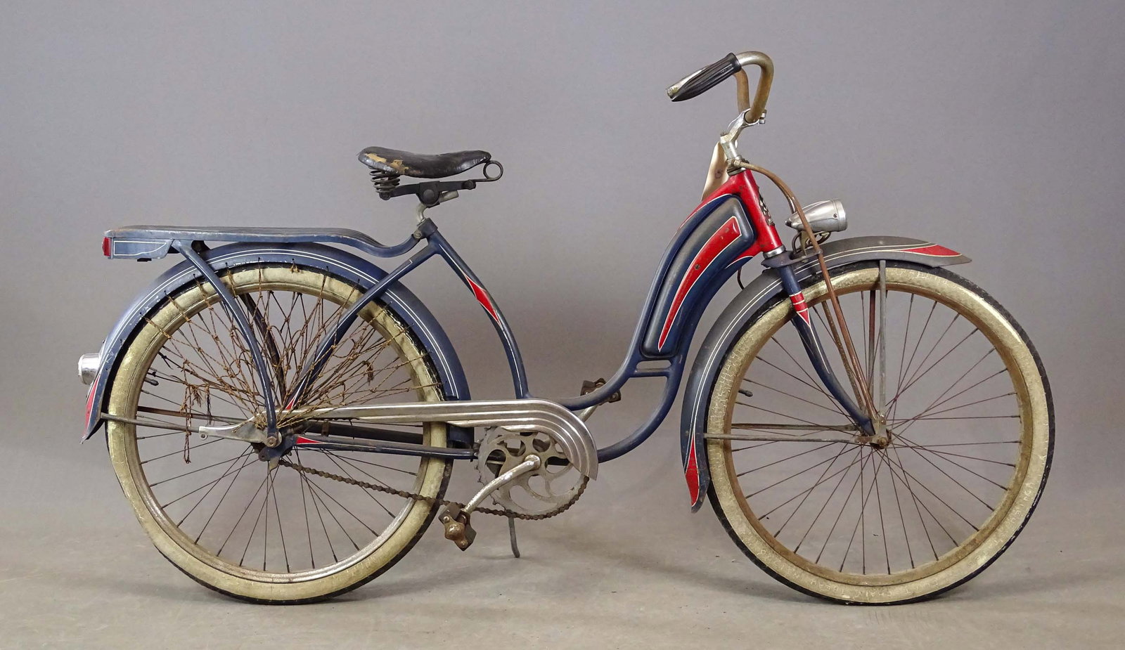 Roadmaster Bicycle: Pre-War Roadmaster tank bicycle. Rear rack, twin front lights. Good condition.