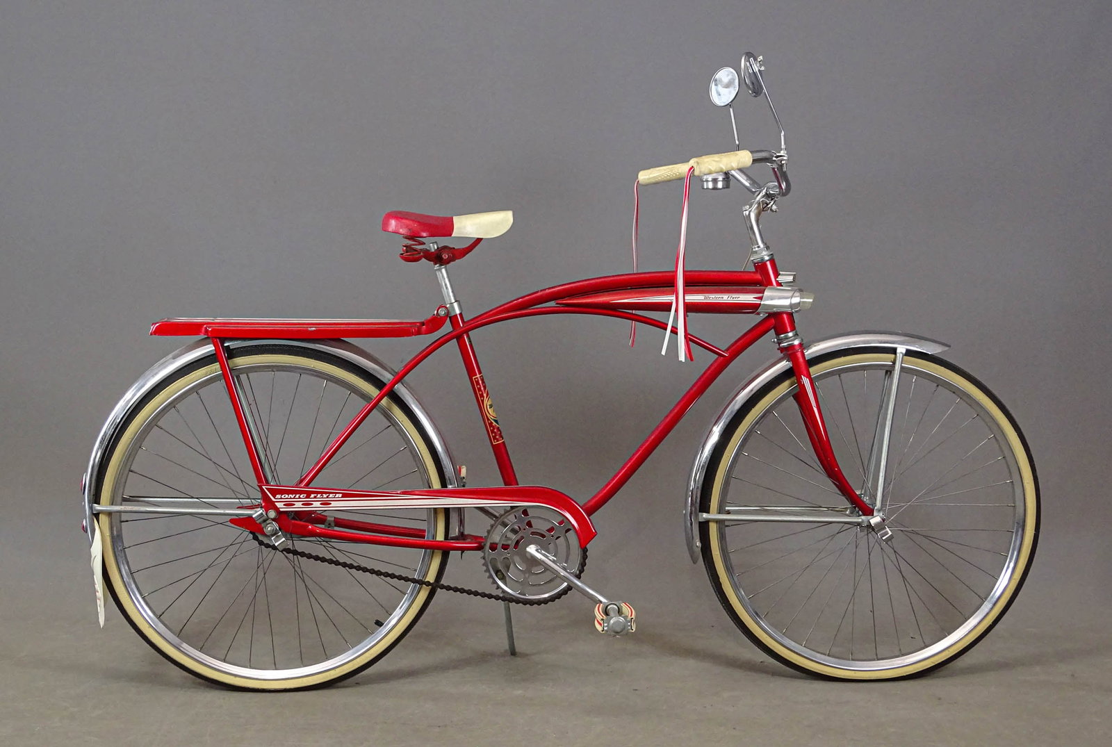 Western Flyer Tank Bicycle: C. 1960's Western Flyer tank bicycle. 18" frame. Bell, mud flap, rear-view mirrors, tassels. Good condition.