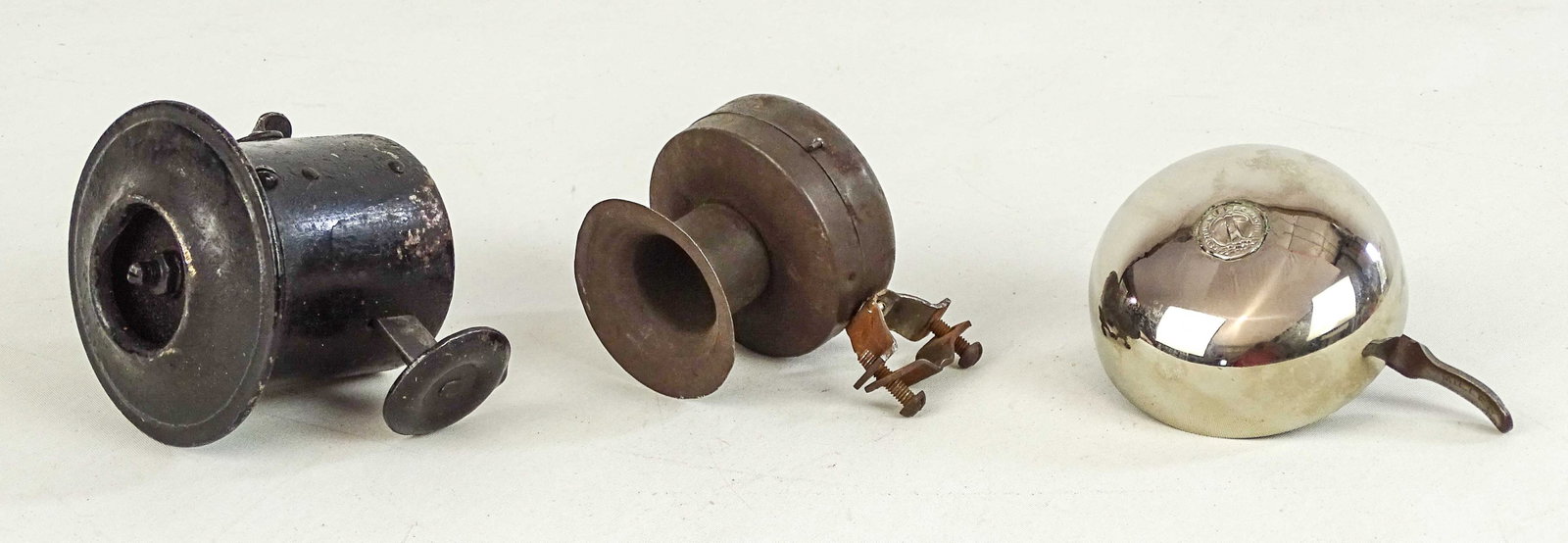 Bell Lot: Bell lot: Miller and Co. Birmingham England H.T.S. 3" bell, Klaxton horn, crank horn (Pat. 1905). Fair-Good condition.