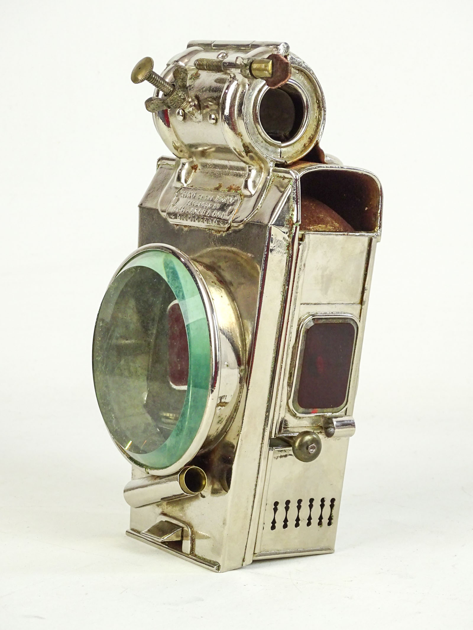 Lucas Hub Lamp: Lucas "King of the Road" hub lamp, full nickel finish. Stamped "Rd. 129 FM". 9 1/4" Ht.. Good condition.