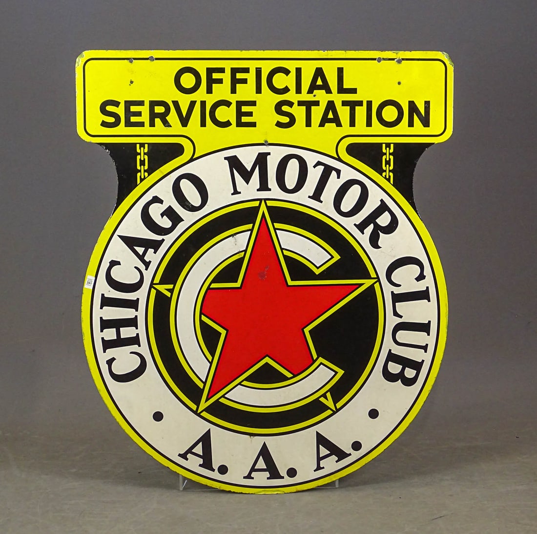A.A.A Enameled Sign: A.A.A. CHICAGO MOTOR CLUB OFFICIAL INSPECTION STATION" two sided enameled sign. Good condition.