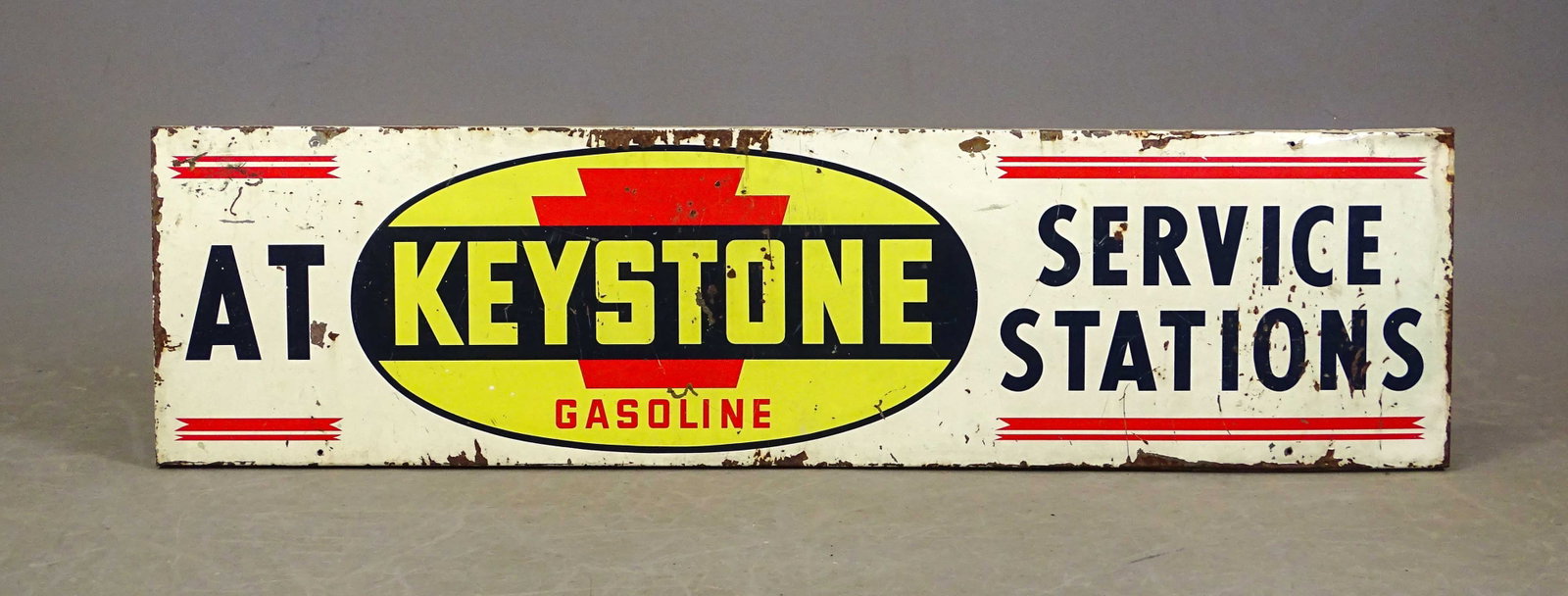 Keystone Gasoline Sign: Metal sign "KEYSTONE GASOLINE...". 14 1/2" x 56 1/2". Fair condition.