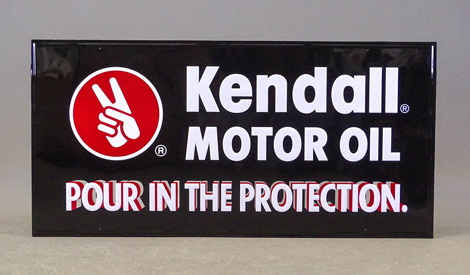 Kendall Motor Oil Sign: Large metal sign "Kendall MOTOR OIL POUR IN THE PROTECTION.". 34" x 71". Good condition.