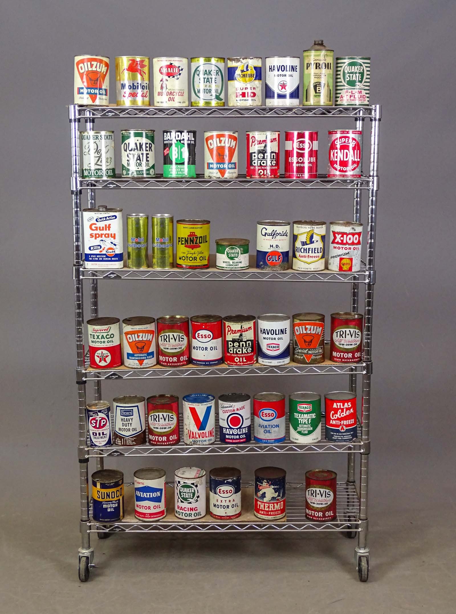 Collection of (45) Oil Cans: Collection of (45) vintage oil cans. Some with contents. Names include: Oilzum, Tri Vis, Kendall, Quaker State, Texaco, Valvoline etc.. Fair-Good condition.