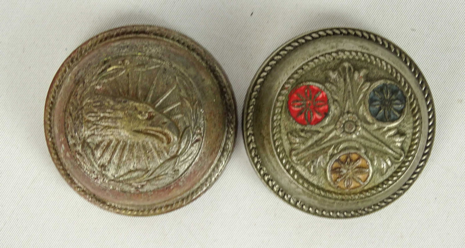 Bicycle Bell Tops: Lot (2) vintage bicycle bell tops. One with eagles head, the other with flowers. Good condition.