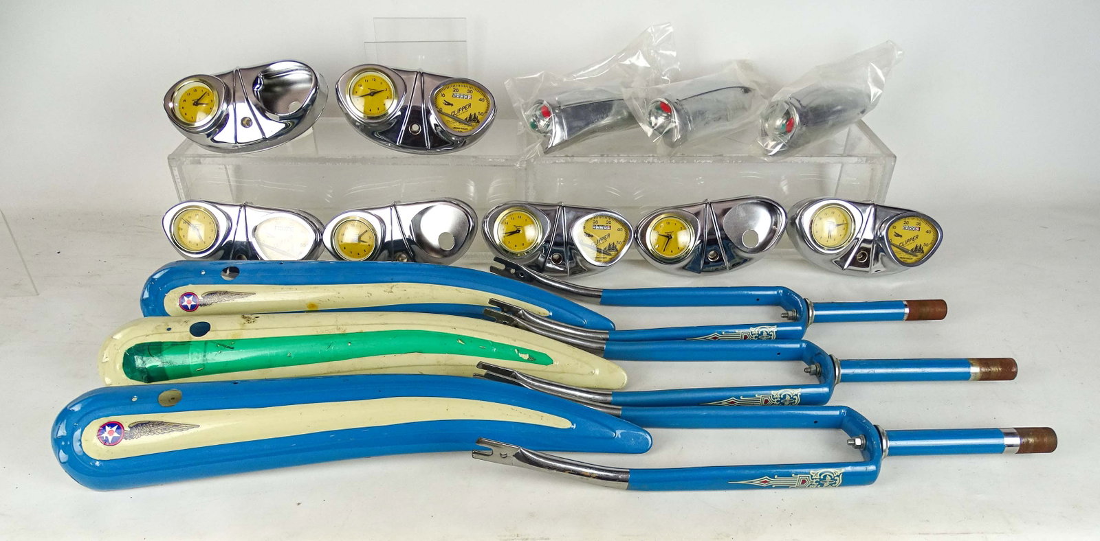 Bicycle Parts Lot: Lot of NOS bicycle parts including: Dashboards, tanks, head lights, speedos. Good condition.