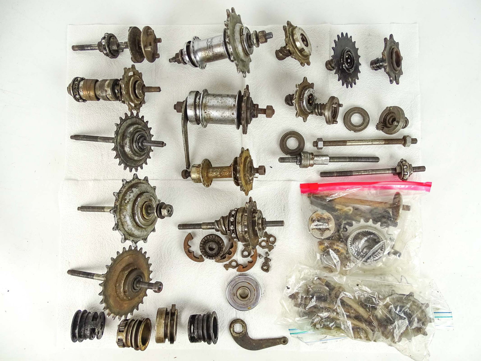 Bicycle Hubs: Lot of vintage bicycle hubs and parts including: New Departure, 2-Speed, 3-Speed, racing hubs, Morrow, Corbin 2-Speed and Musselman, N/O Model A, Sturmy Archer. Good condition.
