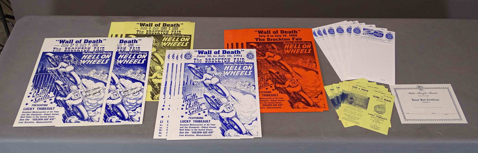 Wall of Death Posters Lot: Lot of vintage Wall of Death posters and papers. Some signed by "Lucky T", plus one Indian Hall of Fame certificate. Good condition.