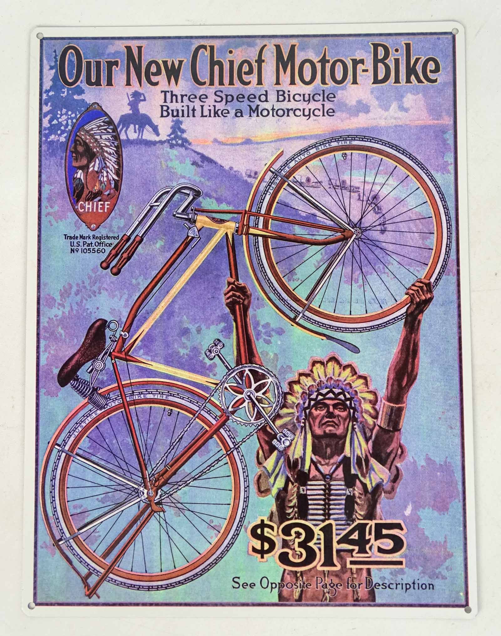 Sears Chief Sign: Tin Sears Chief bicycle sign. 15 3/4" x 11 3/4". Good condition.