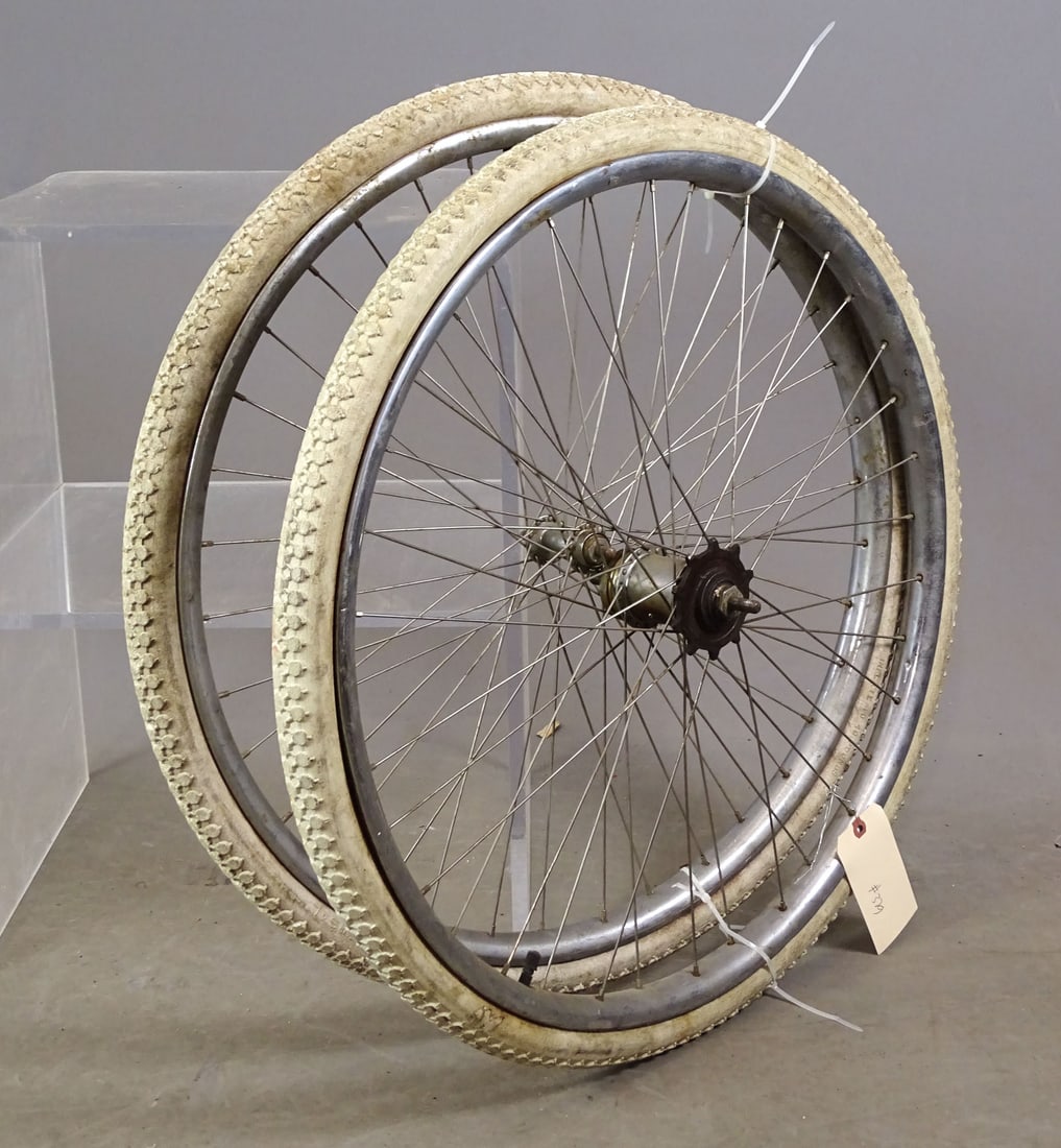 Pair White Tires on Rims: Pair of 28" white tires on rims. Steel clad. Original paint. Good condition.