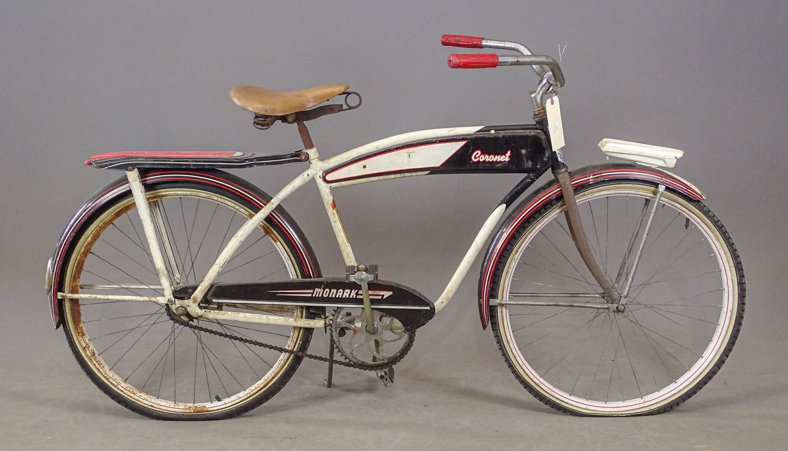 Monark "Coronet" Bicycle: Pre-War Monark "Coronet" tank bicycle. 18" frame. Fair condition. Rear rack, front light.