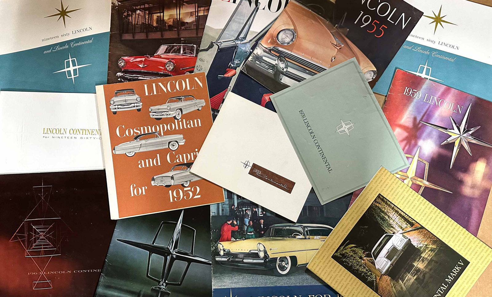 Brochures Lot: 1952 - 1969 Lincoln and Continental 90 total and 35 1960's Pontiac brochures.