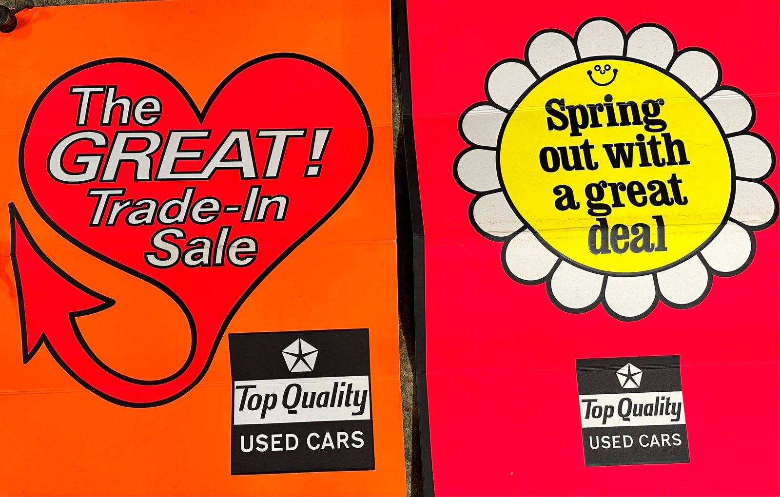 Plymouth Displays: Five large Plymouth dealer displays - three heavy cardboard, one paper poster, 36 x 48 each, package dated 1968.