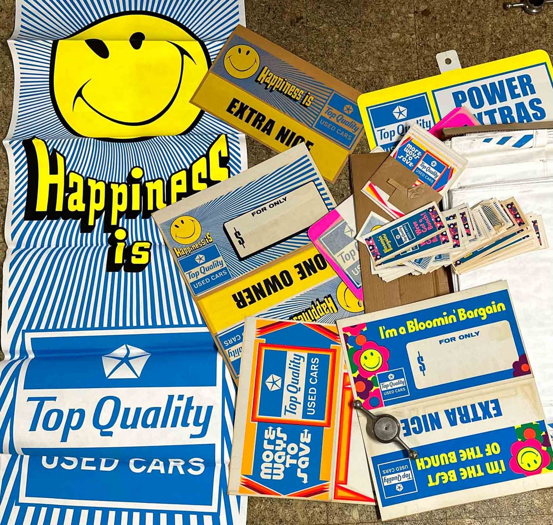 Plymouth Lot: Large heavy Plymouth dealer promotion display package, includes two 68 x 25 posters, nine 20 x 19 boards, eight 22 x 11 boards, plus other items, dated 1972.