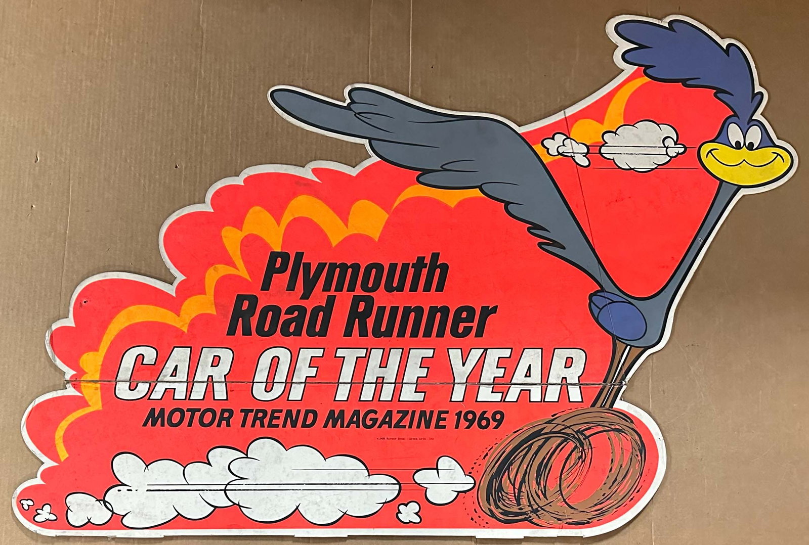 Plymouth Lot: 1969 Plymouth Road Runner heavy card stock cut out, single sided, original factory issued, 26 x 34, folds as shown in photo.