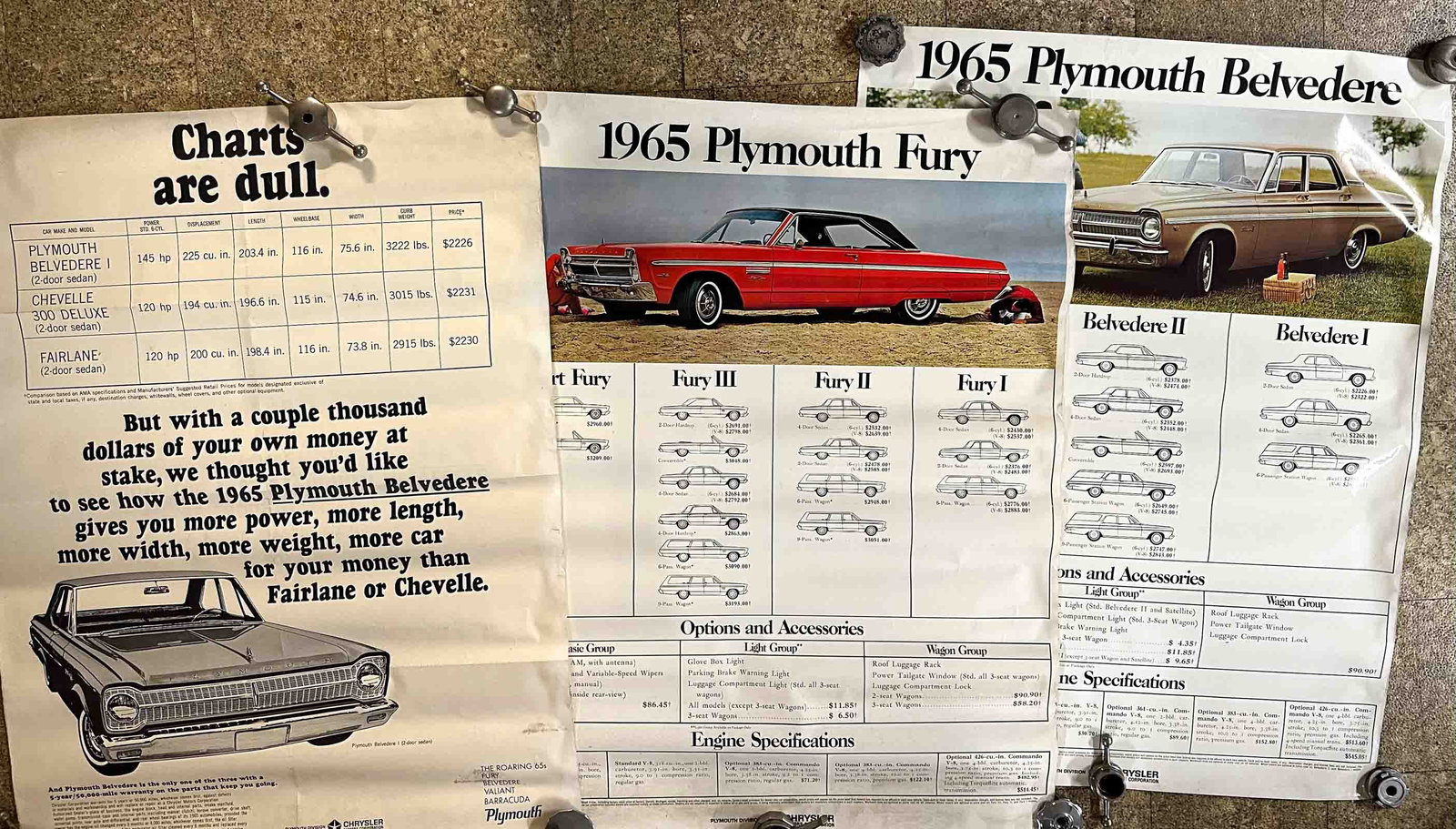 Plymouth Lot: Three 1965 Plymouth dealer posters, 38 x 50 each, original factory issued, (rolled and covered for shipment, no blue tape on any poster surface).