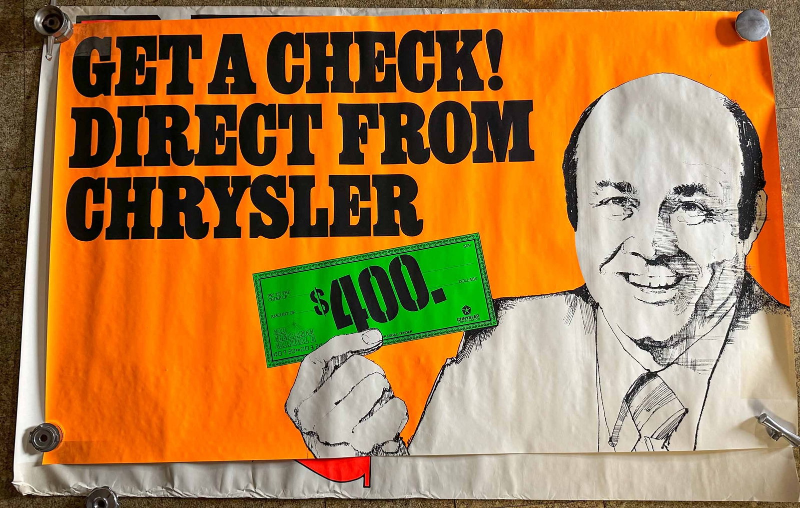 Plymouth Lot: Two large Plymouth dealer posters, dated 1979, 72 x 43 and 72 x 48, original factory issued, (rolled and covered for shipment, no blue tape on any poster surface).