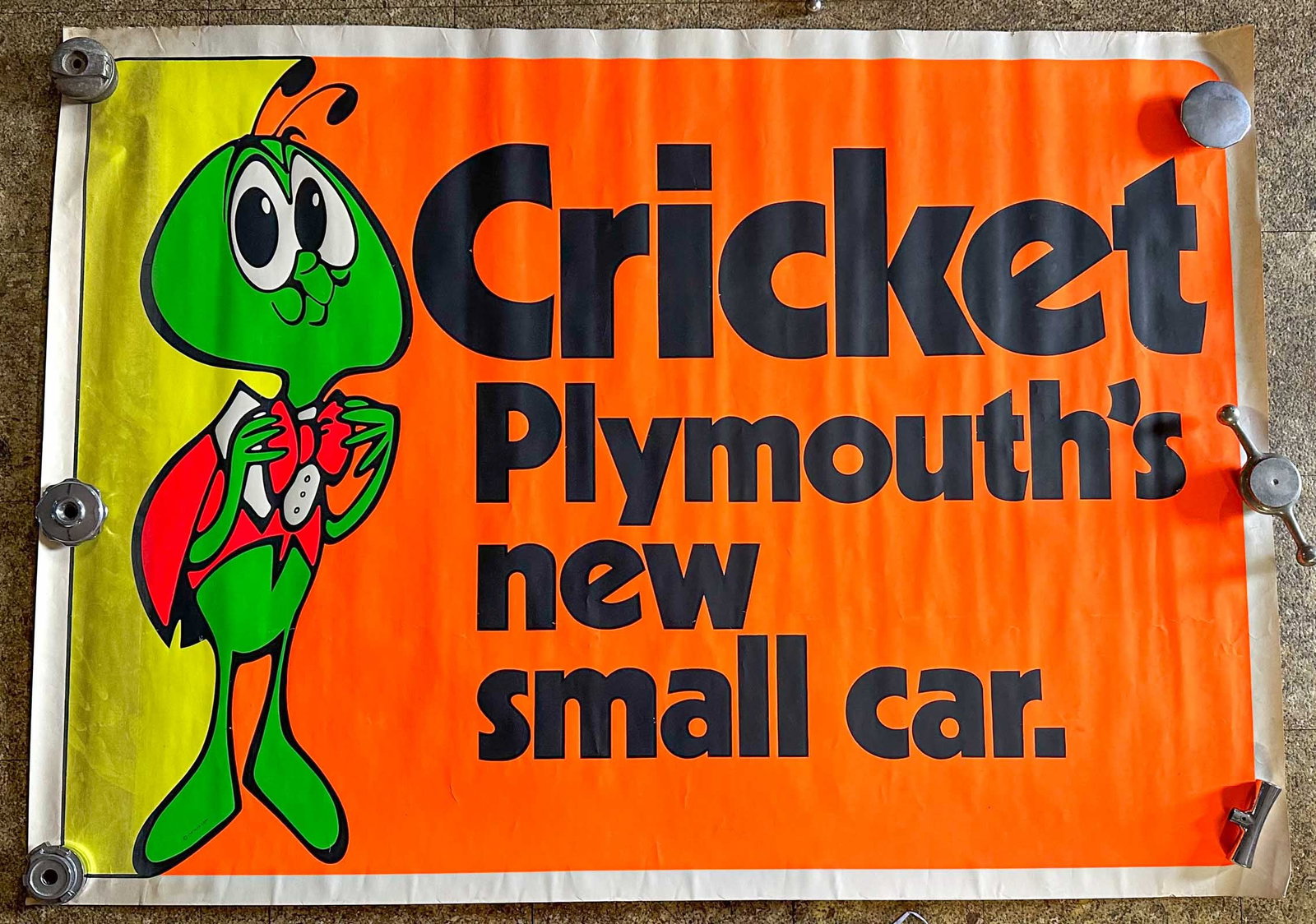 Poster Lot: Two posters, Cricket and Car Clearance, early 1970's, 58 x 42 and 50 x 37, original factory issued, (rolled and covered for shipment, no blue tape on any poster surface).