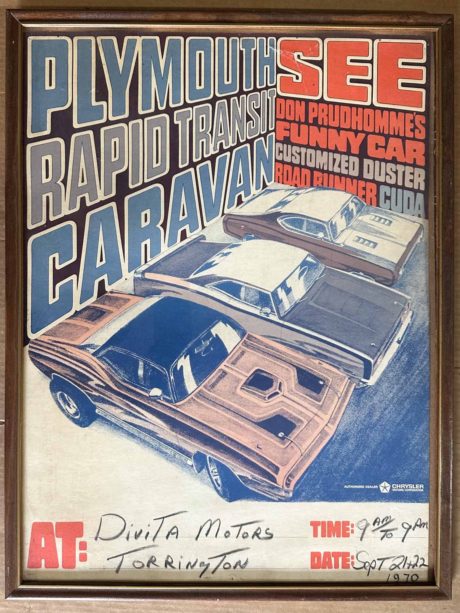 Plymouth Lot: 1970 Plymouth Rapid Transit original dealer event poster, Don Prudehomme funny car appearance, framed 25 x 19.