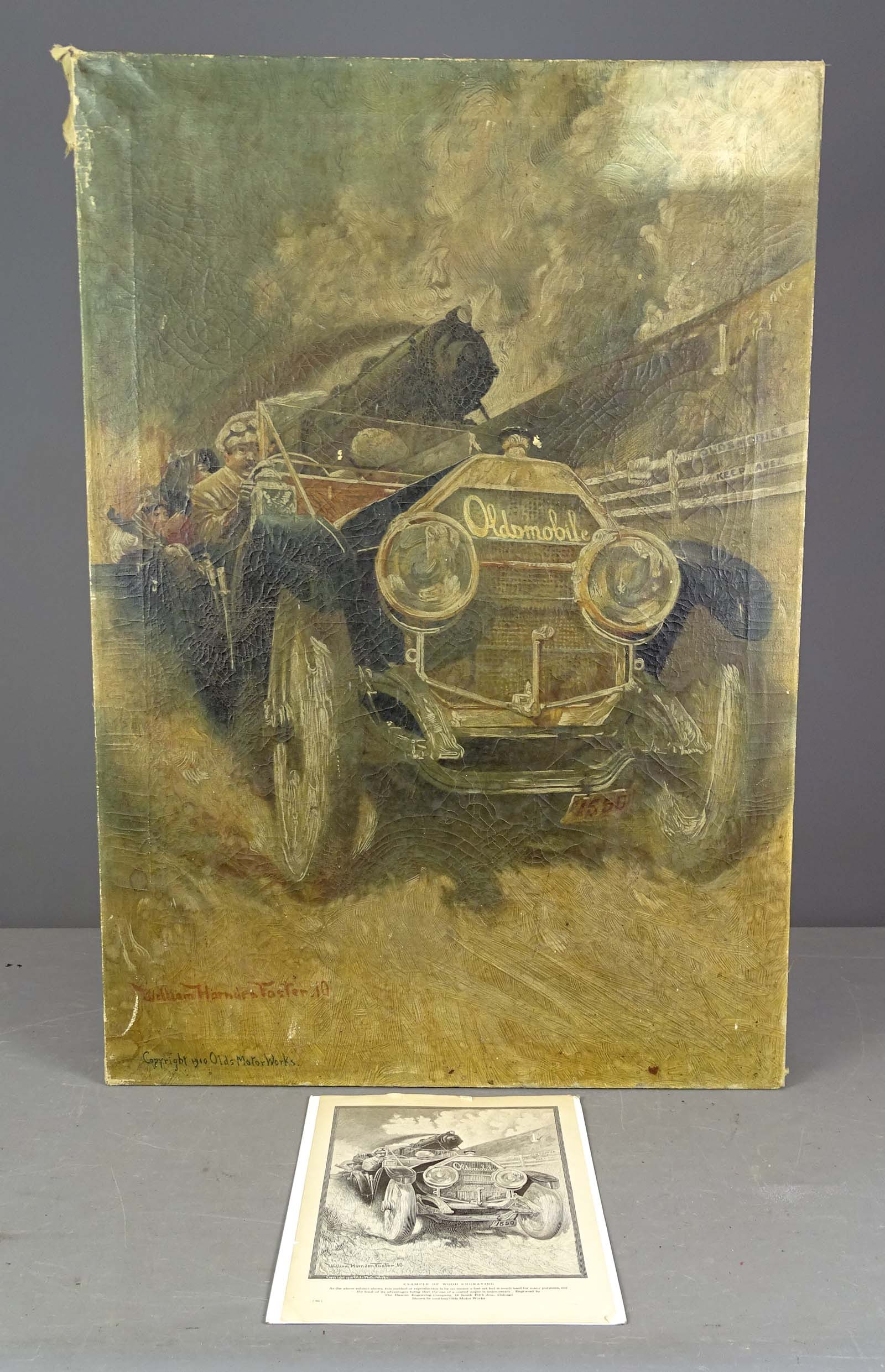 Oldsmobile Canvas Advertising: Early Oldsmobile canvas advertising print. 34" x 24". Copyright 1910. Artist William Harden Foster. Fair condition.