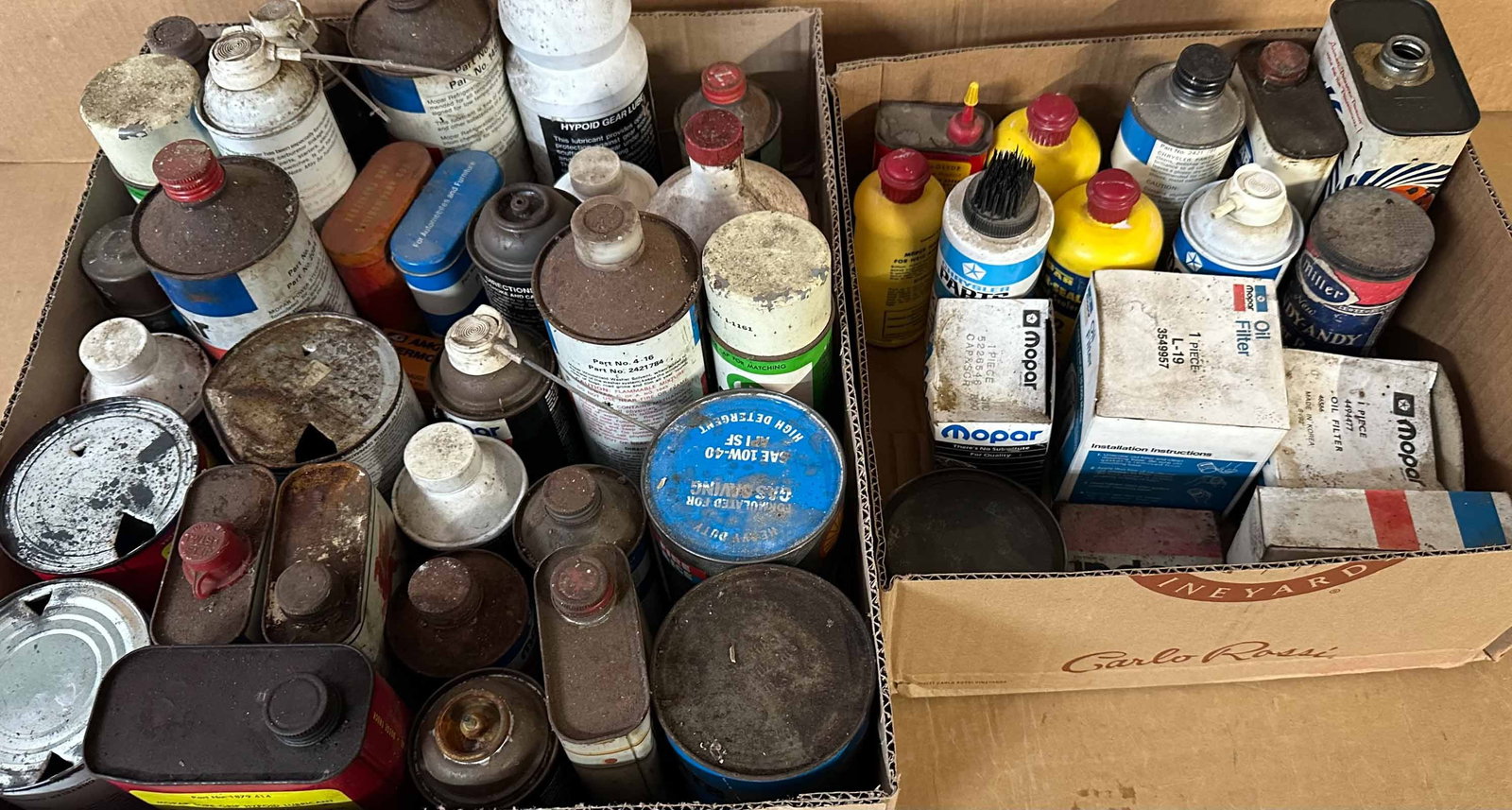 Mopar Lot: Mopar can collection in two boxes, original period accessory cans, some other non Mopar included.