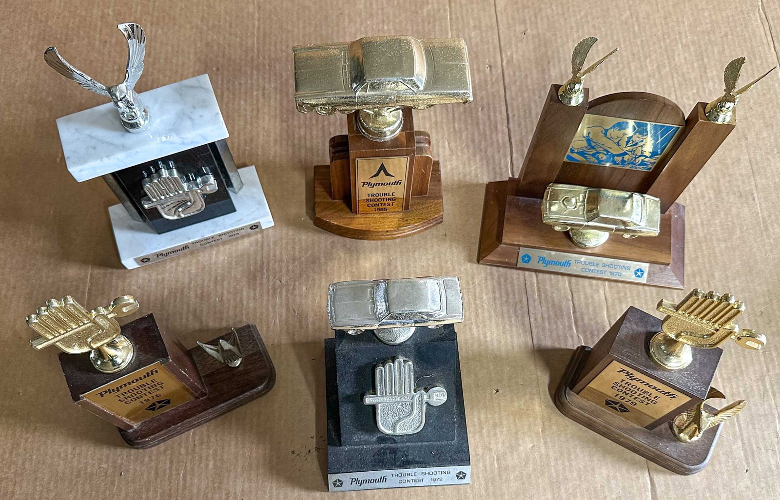Mopar Lot: Six Mopar Trouble Shooting Trophy Awards - 1965, 1970, 1972, 1973, 1976, 1978.
