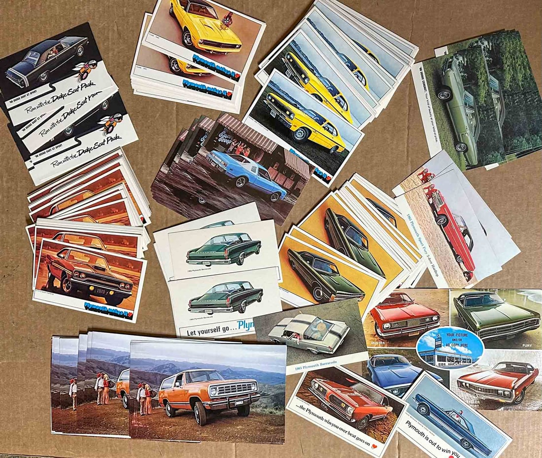 Mopar Lot: Large collection of Mopar related postcards, - many from late 1960's - early 1970's muscle car era, pens and pencils given out by Chrysler Corp and Plymouth dealers.
